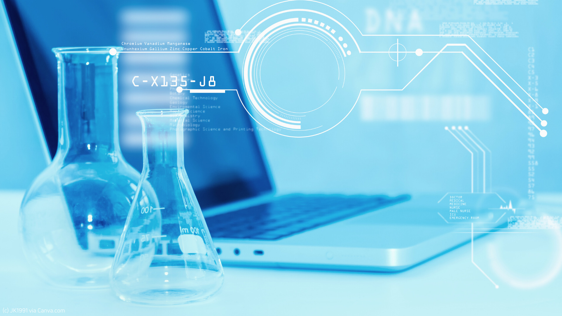 Science related image with laptop and erlenmeyer flask