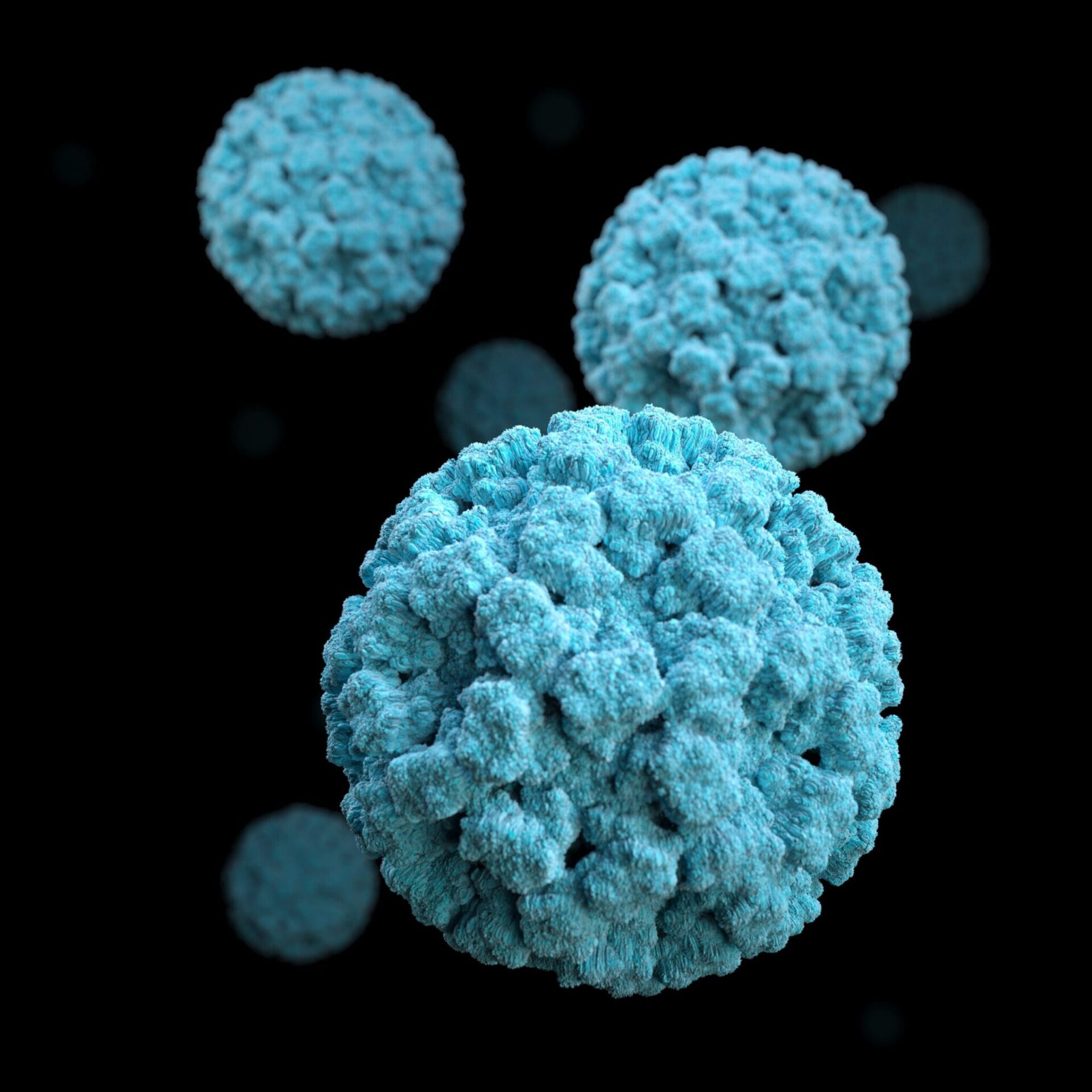 3D Rendering of blue virus particles (Norovirus)