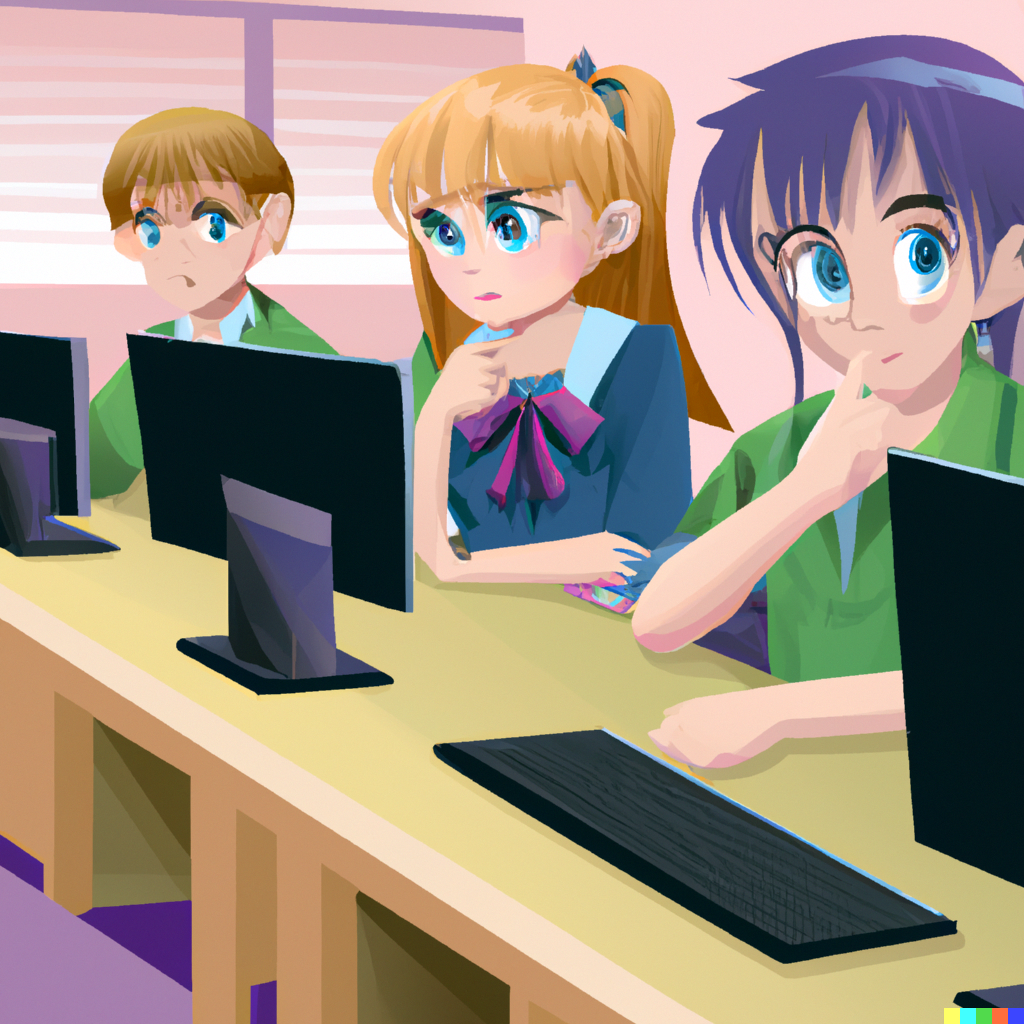 Dall-e zum Prompt: "in classroom, ten years old male and female students, anime style"